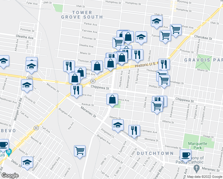 map of restaurants, bars, coffee shops, grocery stores, and more near 3803 Gustine Avenue in St. Louis