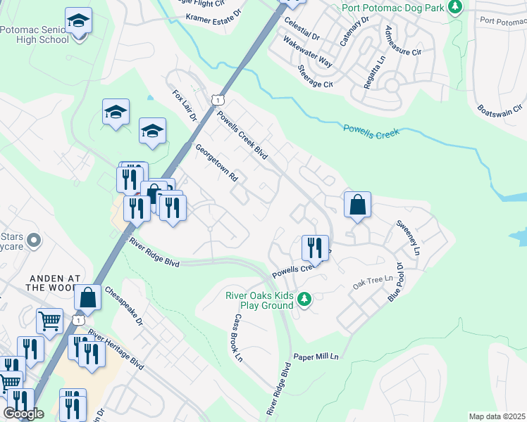 map of restaurants, bars, coffee shops, grocery stores, and more near 16718 Georgetown Road in Woodbridge