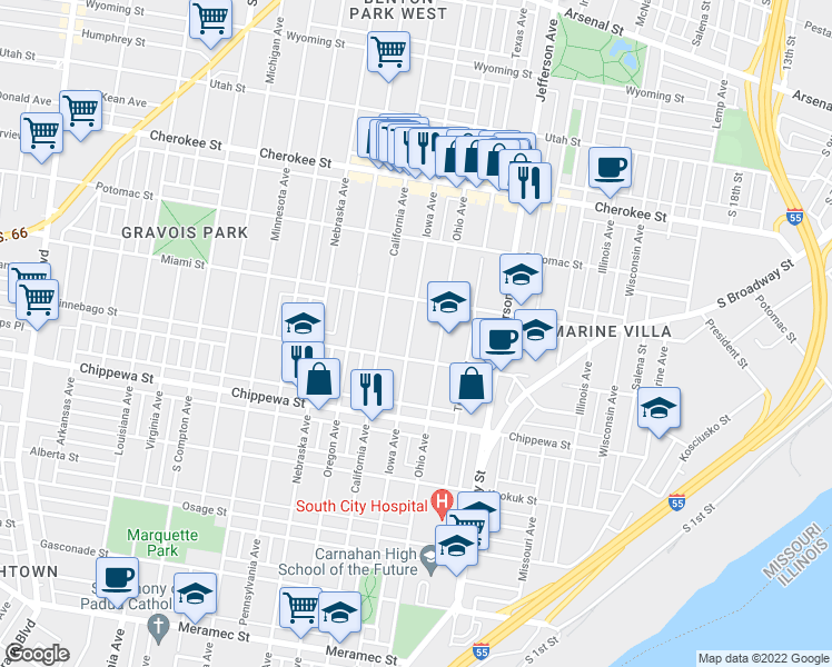 map of restaurants, bars, coffee shops, grocery stores, and more near 3632 Iowa Avenue in St. Louis