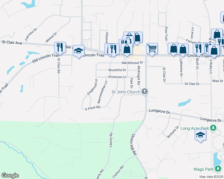 map of restaurants, bars, coffee shops, grocery stores, and more near 213 Merriweather Lane in Fairview Heights