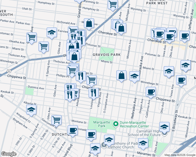 map of restaurants, bars, coffee shops, grocery stores, and more near 3718 Louisiana Avenue in St. Louis