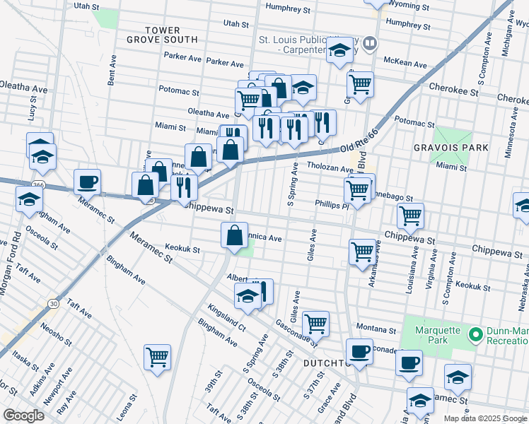 map of restaurants, bars, coffee shops, grocery stores, and more near 3820 Chippewa Street in St. Louis