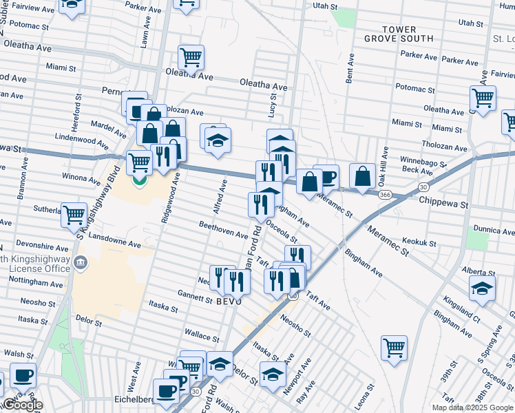 map of restaurants, bars, coffee shops, grocery stores, and more near 4322 Bingham Avenue in St. Louis