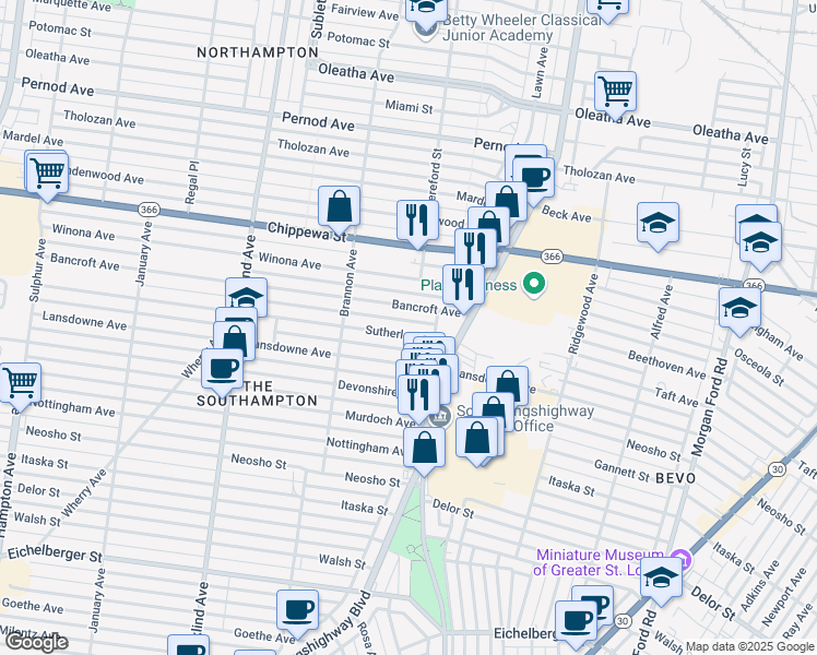 map of restaurants, bars, coffee shops, grocery stores, and more near 4959 Sutherland Avenue in St. Louis