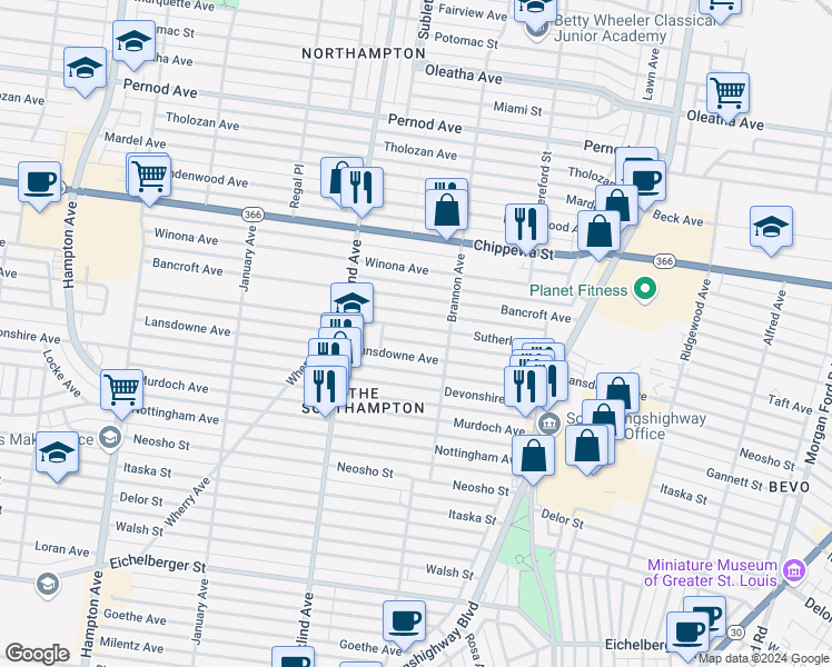 map of restaurants, bars, coffee shops, grocery stores, and more near 5216 Sutherland Avenue in St. Louis