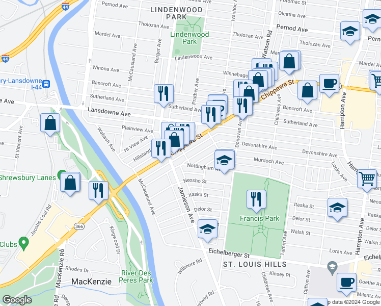 map of restaurants, bars, coffee shops, grocery stores, and more near 6663 Devonshire Avenue in St. Louis