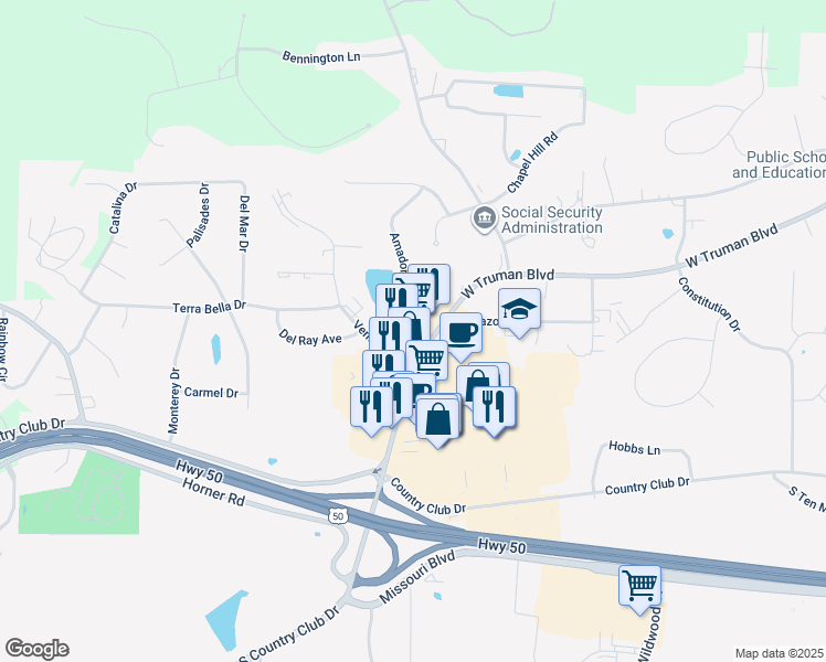 map of restaurants, bars, coffee shops, grocery stores, and more near 3702 West Truman Boulevard in Jefferson City