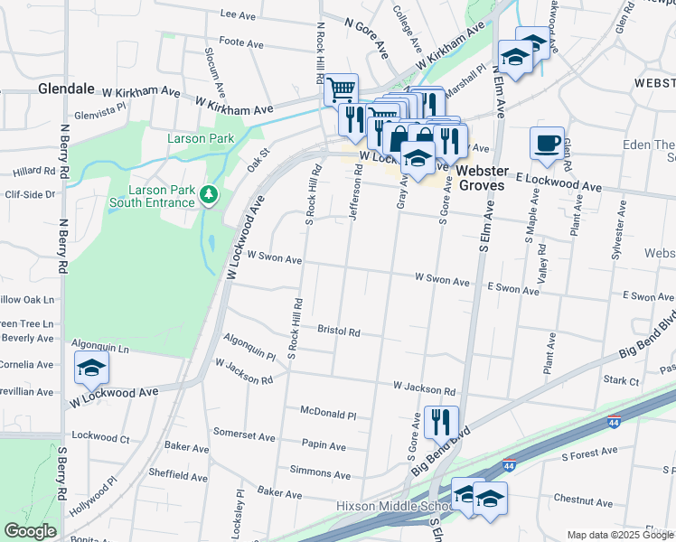 map of restaurants, bars, coffee shops, grocery stores, and more near 200 Blackmer Place in Webster Groves