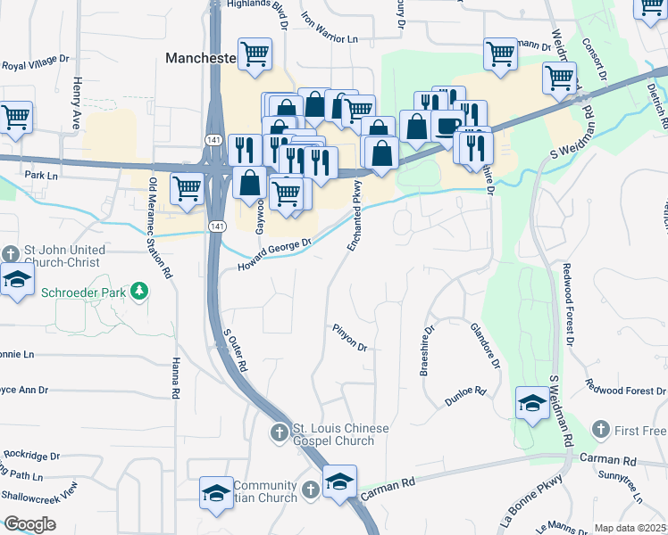 map of restaurants, bars, coffee shops, grocery stores, and more near 219 Enchanted Court in Ballwin
