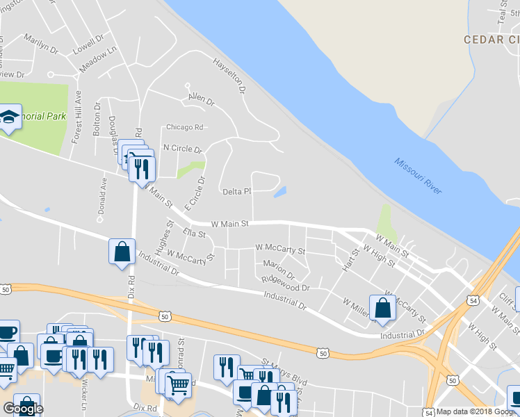 map of restaurants, bars, coffee shops, grocery stores, and more near 1628 W Main St in Jefferson City