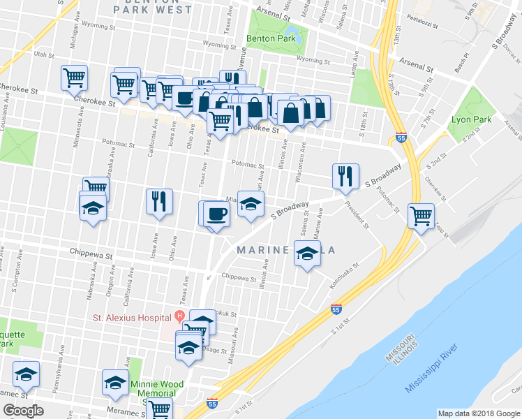 map of restaurants, bars, coffee shops, grocery stores, and more near 2120 Miami Street in St. Louis