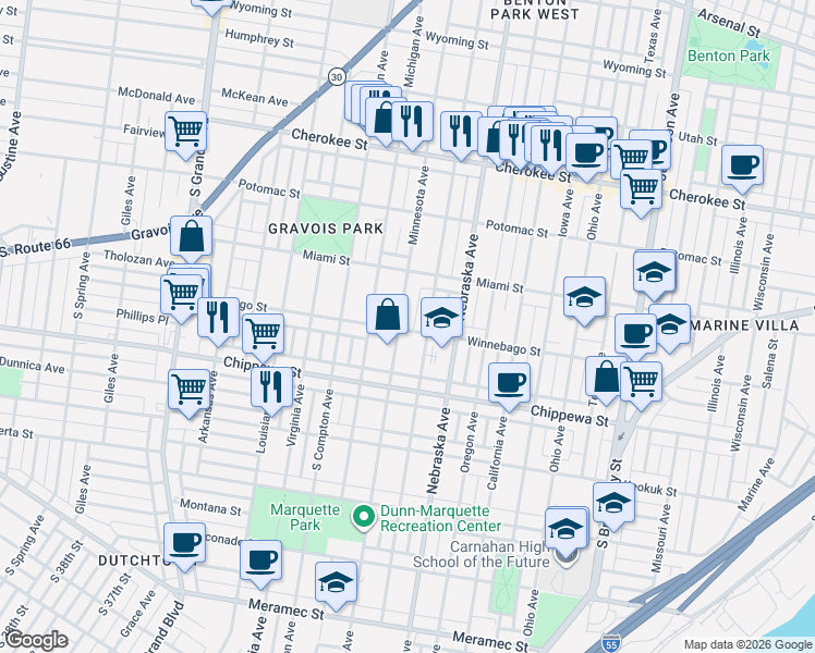 map of restaurants, bars, coffee shops, grocery stores, and more near 3662 Minnesota Avenue in St. Louis