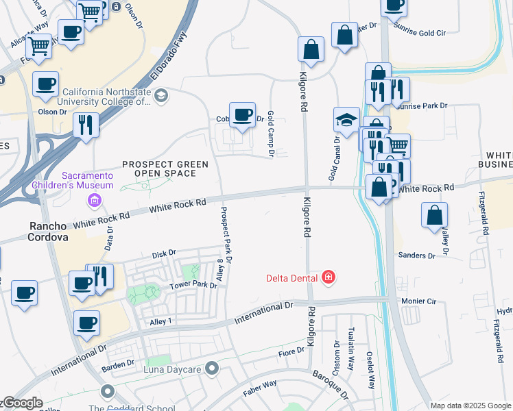 map of restaurants, bars, coffee shops, grocery stores, and more near 11070 White Rock Road in Rancho Cordova