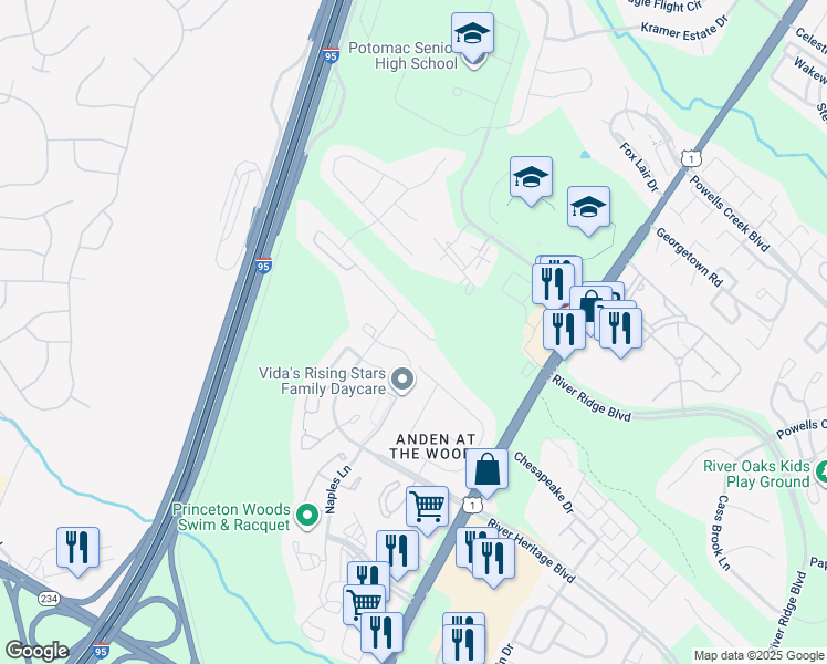 map of restaurants, bars, coffee shops, grocery stores, and more near 16623 Telescope Lane in Dumfries