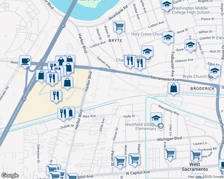 map of restaurants, bars, coffee shops, grocery stores, and more near 901 Elm Street in West Sacramento