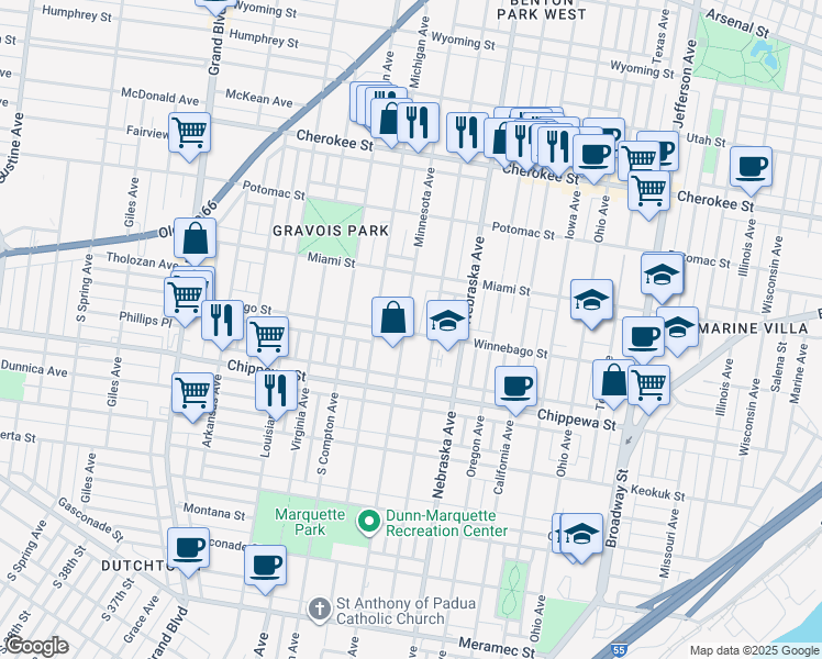 map of restaurants, bars, coffee shops, grocery stores, and more near 3662 Minnesota Avenue in St. Louis