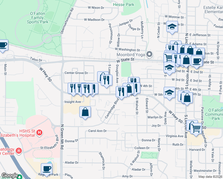 map of restaurants, bars, coffee shops, grocery stores, and more near 135 South Lawn Avenue in O'Fallon