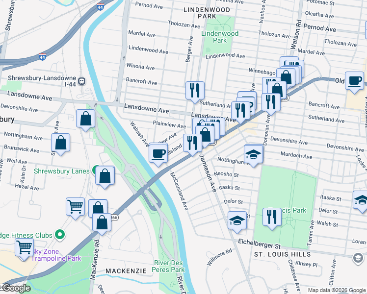 map of restaurants, bars, coffee shops, grocery stores, and more near 6932 Hillsland Avenue in St. Louis