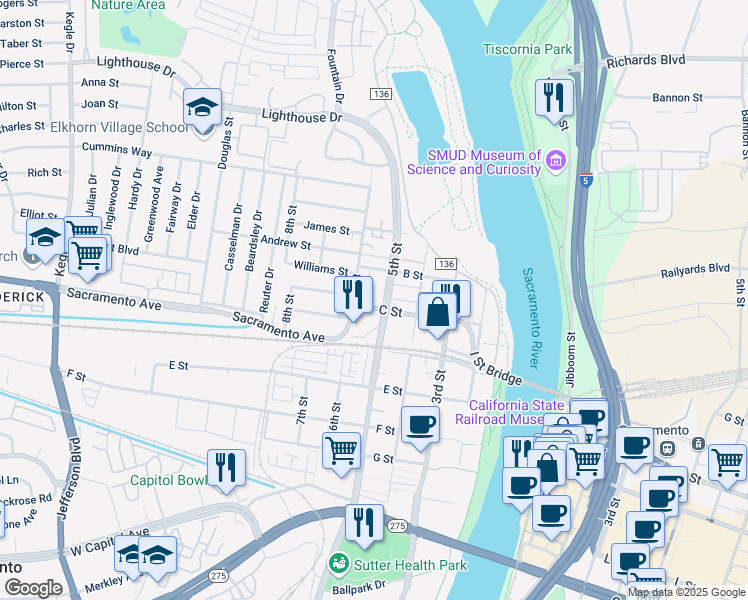 map of restaurants, bars, coffee shops, grocery stores, and more near 500 C Street in West Sacramento