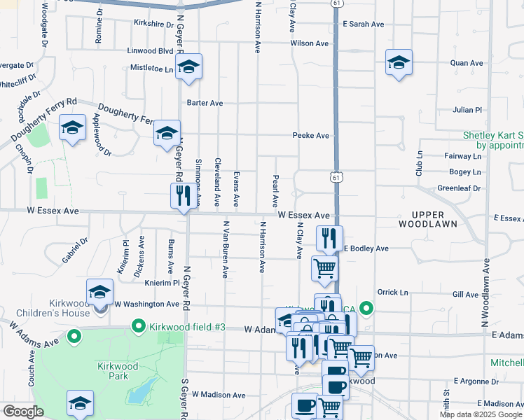 map of restaurants, bars, coffee shops, grocery stores, and more near 245 West Essex Avenue in Kirkwood