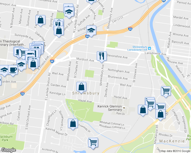 map of restaurants, bars, coffee shops, grocery stores, and more near 7512 Brunswick Avenue in St. Louis