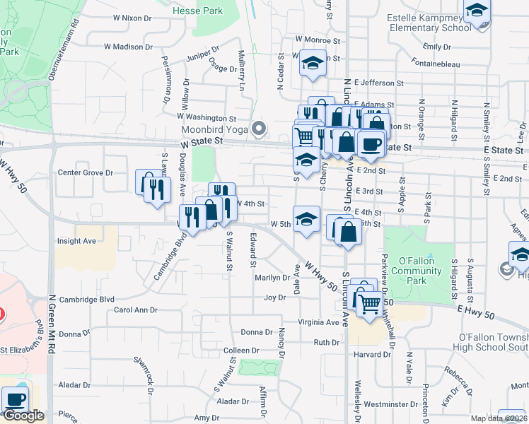 map of restaurants, bars, coffee shops, grocery stores, and more near 405 South Hickory Street in O'Fallon