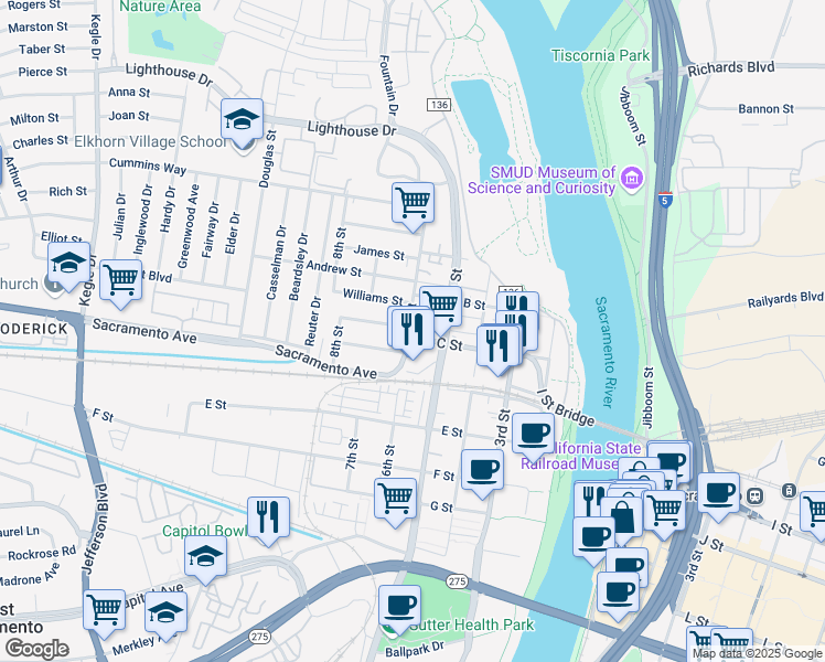 map of restaurants, bars, coffee shops, grocery stores, and more near 550 C Street in West Sacramento