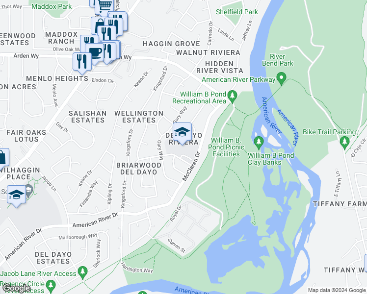 map of restaurants, bars, coffee shops, grocery stores, and more near 1301 McClaren Drive in Carmichael