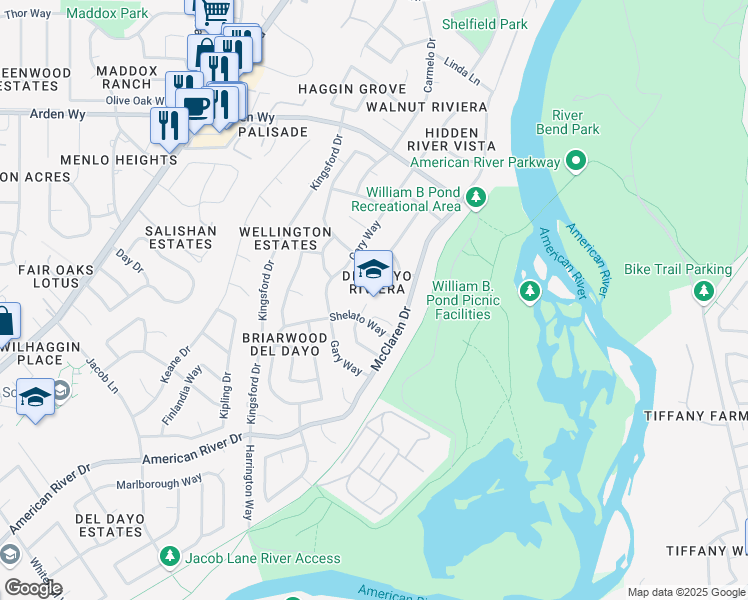 map of restaurants, bars, coffee shops, grocery stores, and more near 1301 McClaren Drive in Carmichael