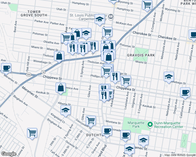 map of restaurants, bars, coffee shops, grocery stores, and more near 3632 Phillips Place in St. Louis