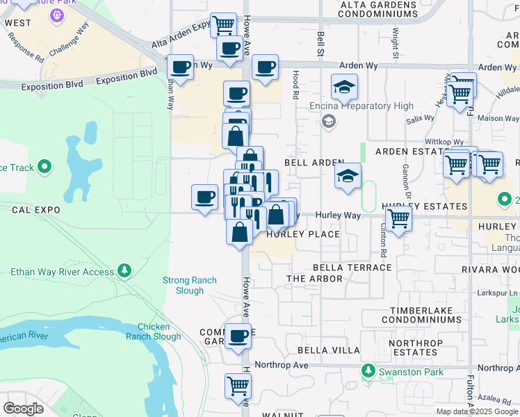 map of restaurants, bars, coffee shops, grocery stores, and more near 2221 Hurley Way in Sacramento