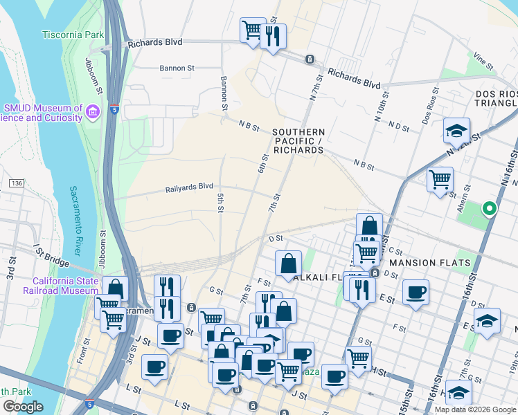 map of restaurants, bars, coffee shops, grocery stores, and more near 7th Street in Sacramento