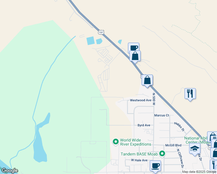 map of restaurants, bars, coffee shops, grocery stores, and more near 19 Rubicon Trail in Moab