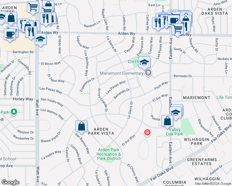 map of restaurants, bars, coffee shops, grocery stores, and more near 3855 Berrendo Drive in Sacramento