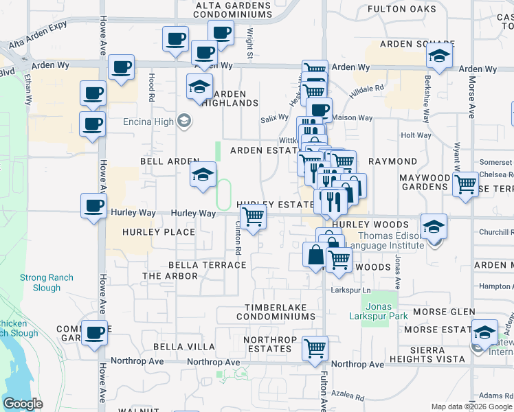 map of restaurants, bars, coffee shops, grocery stores, and more near in Sacramento