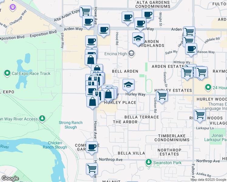 map of restaurants, bars, coffee shops, grocery stores, and more near 2257 Hurley Way in Sacramento