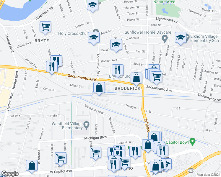 map of restaurants, bars, coffee shops, grocery stores, and more near Sand Circle in West Sacramento