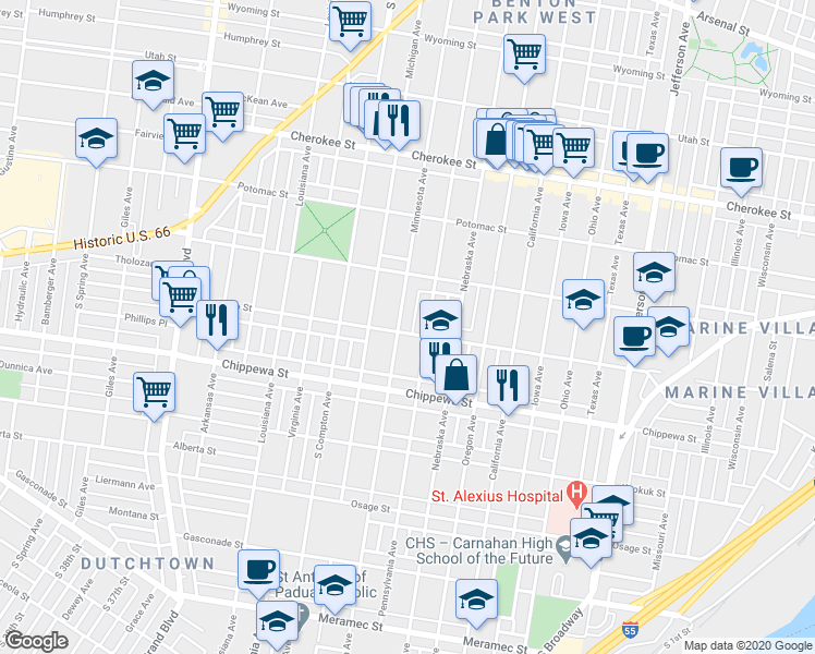 map of restaurants, bars, coffee shops, grocery stores, and more near 3662 Minnesota Avenue in St. Louis