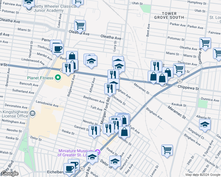 map of restaurants, bars, coffee shops, grocery stores, and more near 4300 Morgan Ford Road in St. Louis