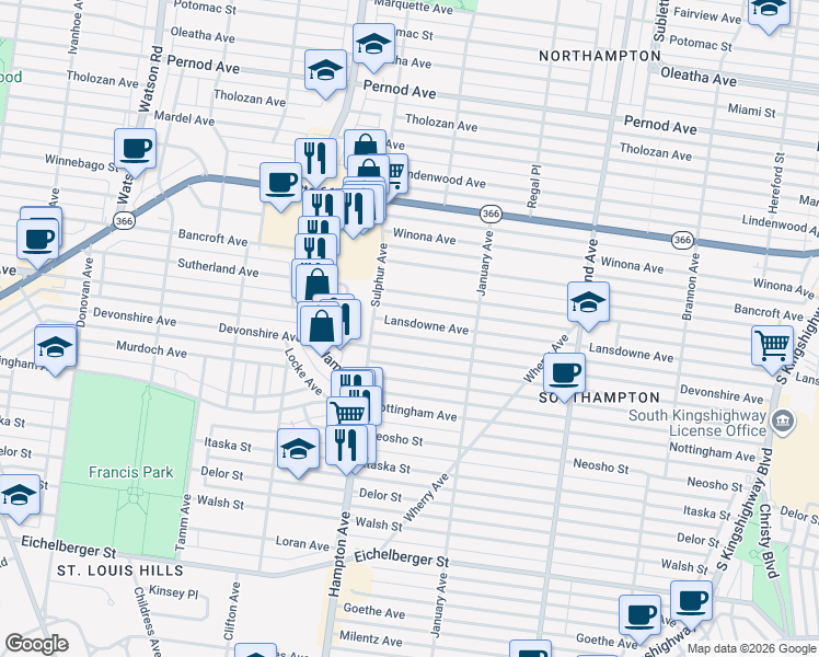 map of restaurants, bars, coffee shops, grocery stores, and more near 5724 Lansdowne Avenue in St. Louis