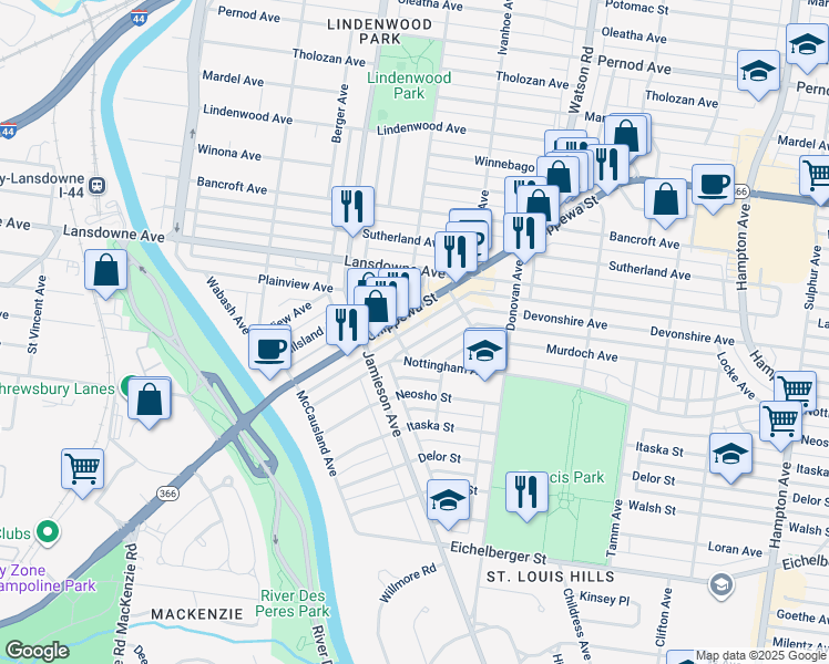map of restaurants, bars, coffee shops, grocery stores, and more near 6663 Devonshire Avenue in St. Louis