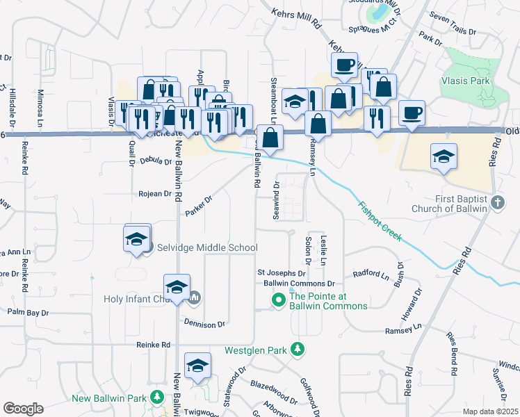 map of restaurants, bars, coffee shops, grocery stores, and more near 140 Old Ballwin Road in Ballwin