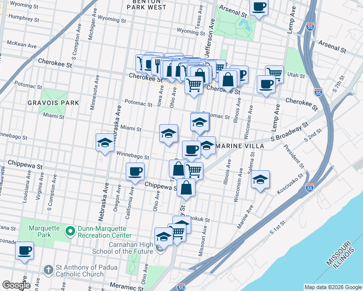 map of restaurants, bars, coffee shops, grocery stores, and more near 3620 Texas Avenue in St. Louis