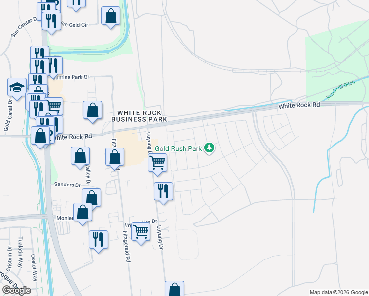 map of restaurants, bars, coffee shops, grocery stores, and more near 11430 White Rock Road in Rancho Cordova