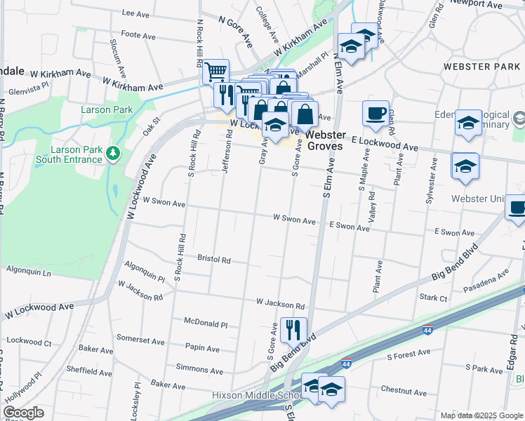 map of restaurants, bars, coffee shops, grocery stores, and more near 156 Gray Avenue in Webster Groves