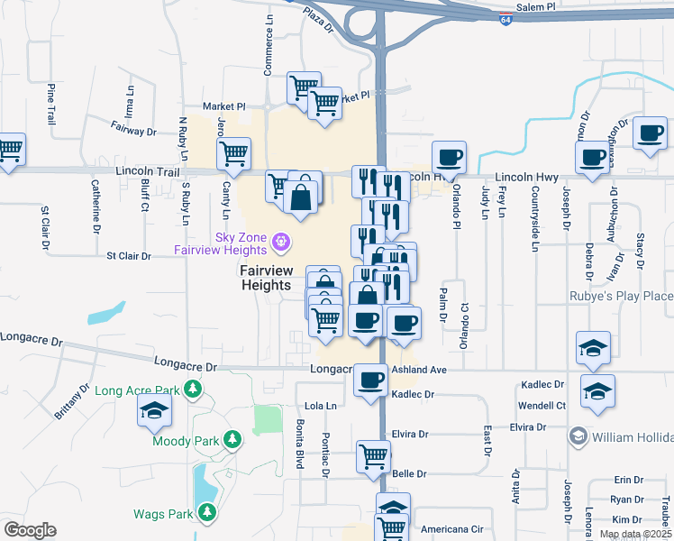 map of restaurants, bars, coffee shops, grocery stores, and more near 6109 North Illinois Street in Fairview Heights
