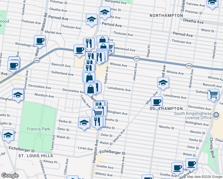 map of restaurants, bars, coffee shops, grocery stores, and more near 5724 Lansdowne Avenue in St. Louis