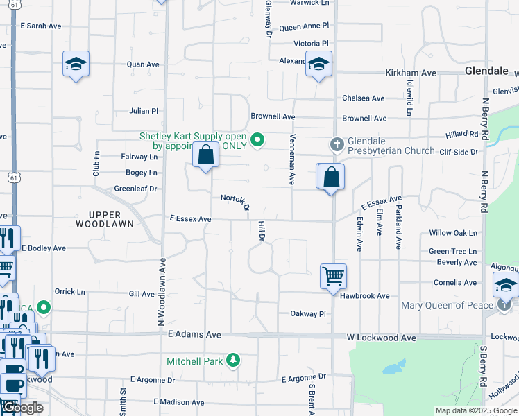 map of restaurants, bars, coffee shops, grocery stores, and more near 651 Norfolk Drive in Kirkwood