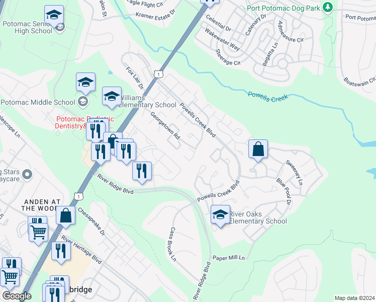 map of restaurants, bars, coffee shops, grocery stores, and more near 16708 Georgetown Road in Woodbridge
