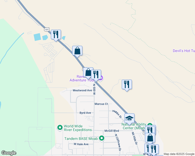 map of restaurants, bars, coffee shops, grocery stores, and more near 1004 North Highway 191 in Moab